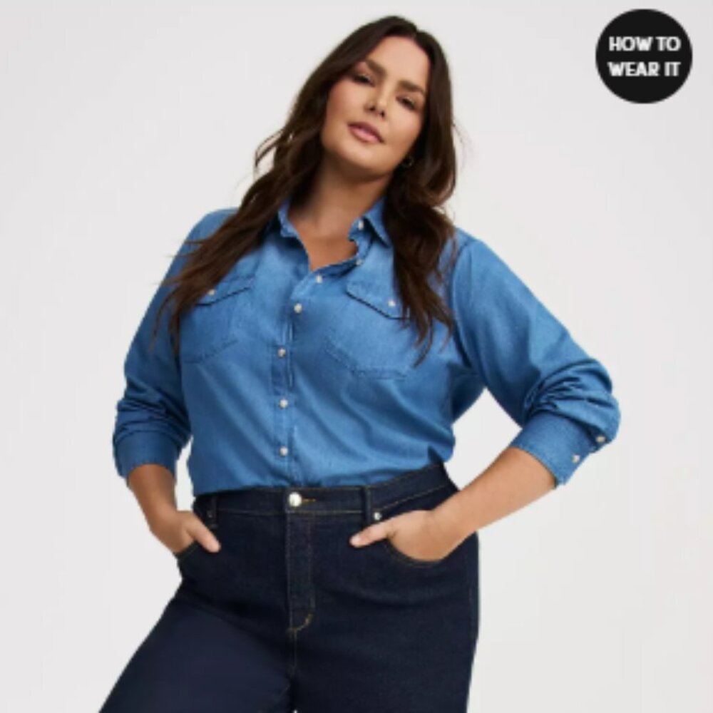 Torrid Size 1 Lizzie Blue Denim Chambray Long Sleeve Slim Fit Button-Up Shirt - Picture 2 of 8